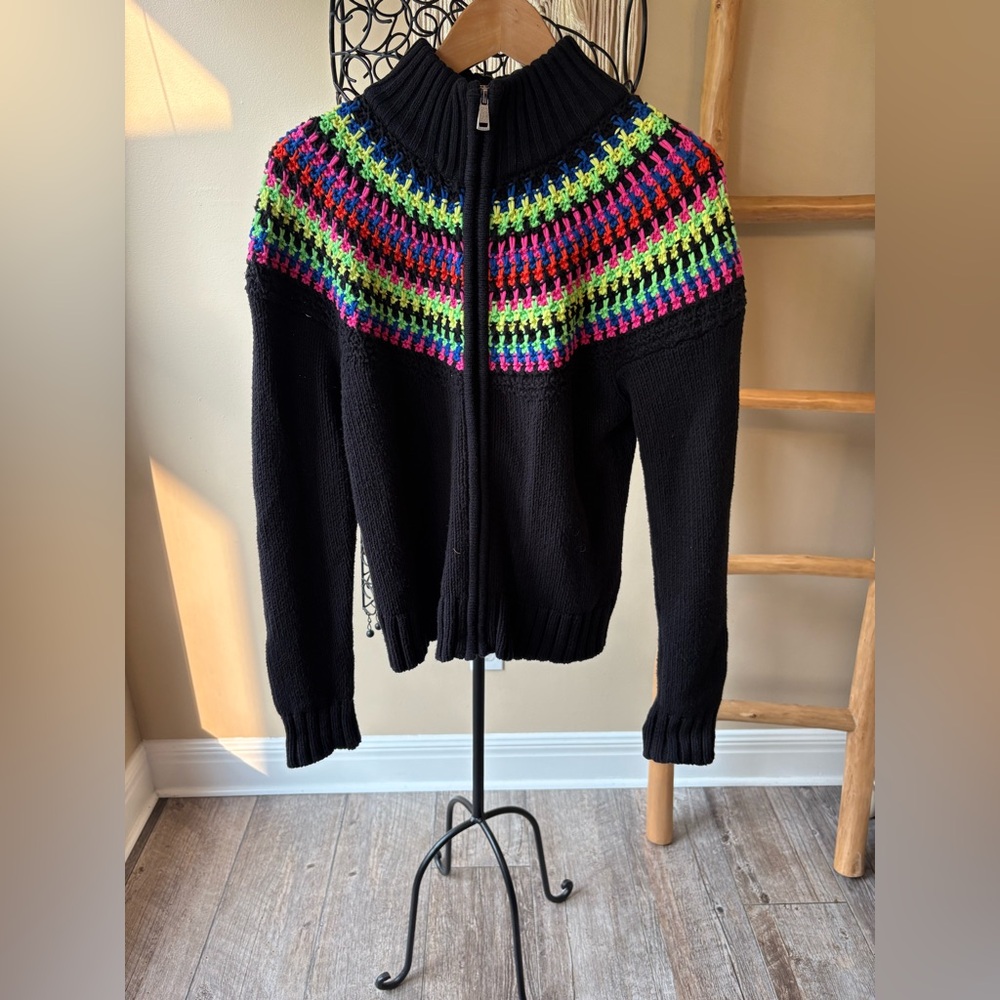 LRL Retro 80’s Revival Zip Cabincore Knit Cardigan in Neon Rainbow & Black Base